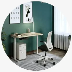 A Modern Desk With A Chair In A Room Featuring Green Walls And Natural Light.