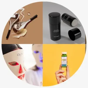 Various Skincare And Beauty Products Including A Deodorant, Face Masks, And A Green Juice Bottle.