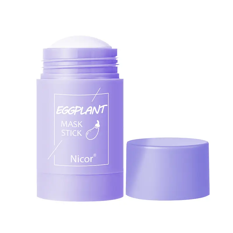 Green Tea Clay Mask Stick for Oil Control & Acne Treatment 2 Purple Eggplant Mask Stick Container With A White Cap And Label Indicating 'Eggplant Mask Stick' By Nicor.