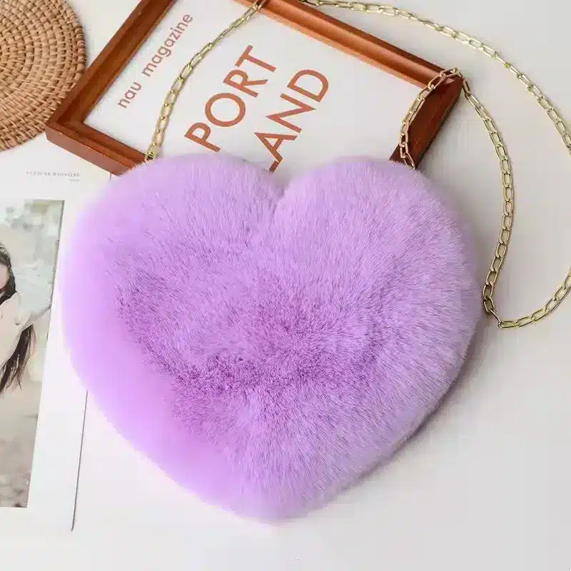 Chic Plush Chain Shoulder Bag for Valentine's Day Delight 9 Purple Heart-Shaped Bag Made Of Fur With A Chain Strap.
