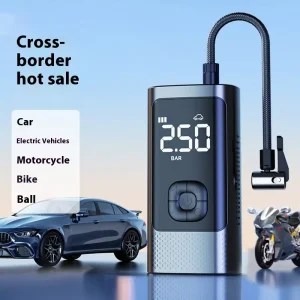 Digital air pump with a display showing 250 BAR, designed for inflating car tires, bicycles, and sports equipment.