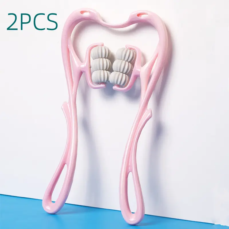 Six-Wheel Manual Neck Massager for Ultimate Pain Relief 10 Pink Massage Roller With Two Handles And Multiple Rolling Balls For Body Massage.