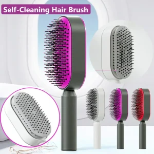 Self-cleaning hair brush available in black, white, and pink with a unique design.