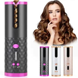 Automatic hair curler device in black, white, and rose gold with a model demonstrating its use.