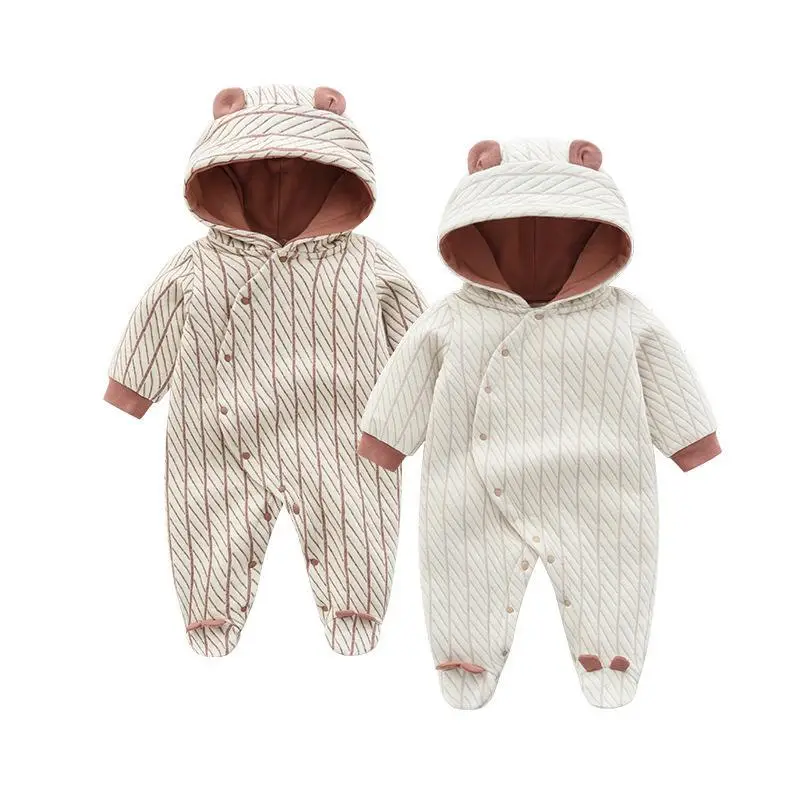 Cozy Long Sleeve Newborn Romper for Tiny Tots 1 Two Sets Of Children'S Hooded Pajamas With Bear Ears In Beige And White Colors.