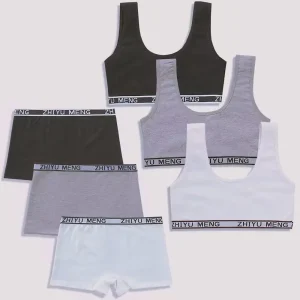 Set of women's undergarments including two bras and three pairs of shorts in various colors with a branded waistband.