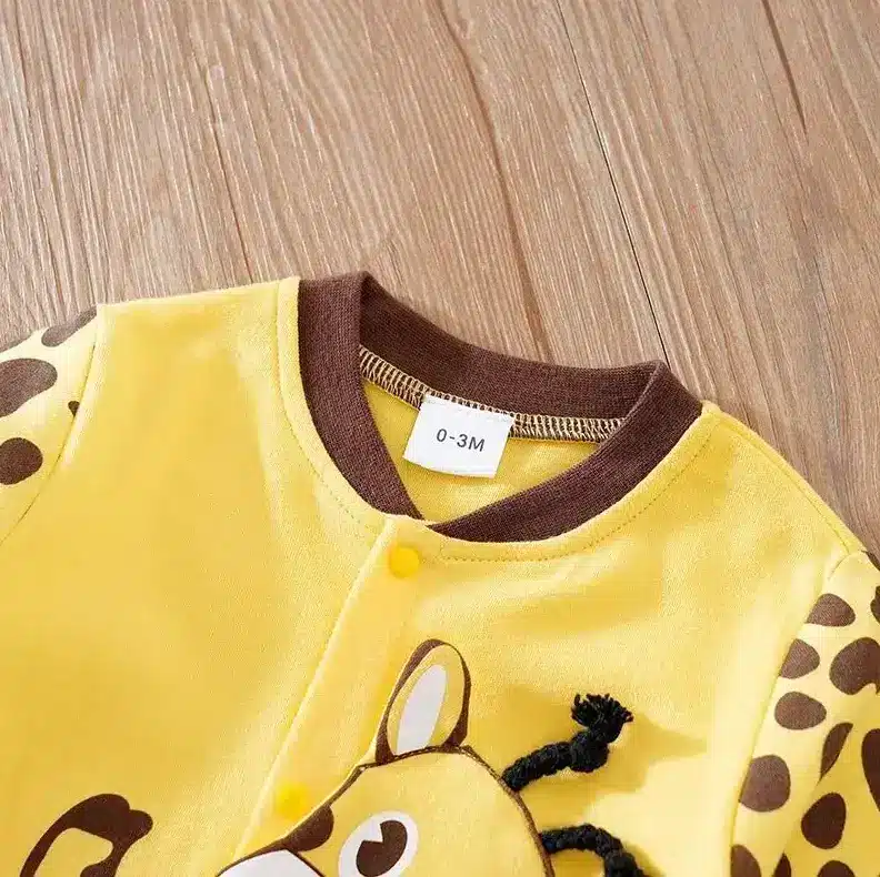 Adorable Baby Jumpsuit Rompers for Easy and Stylish Dressing 3 Yellow Baby Onesie Featuring A Giraffe Design And A Size Label Of 0-3 Months.