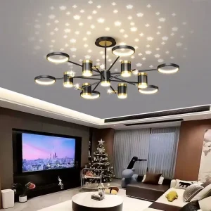 Modern ceiling light fixture with multiple circular lights casting a star pattern on the ceiling.