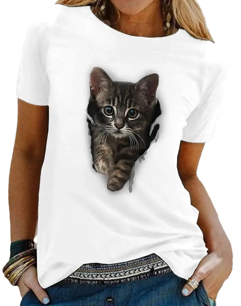 Casual Loose Round Neck Short Sleeve Hoodie for Everyday Comfort 4 White T-Shirt With A Graphic Of A Kitten Emerging From A Hole In The Fabric.