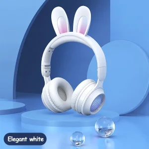 White headphones with bunny ears and illuminated accents on a blue background.