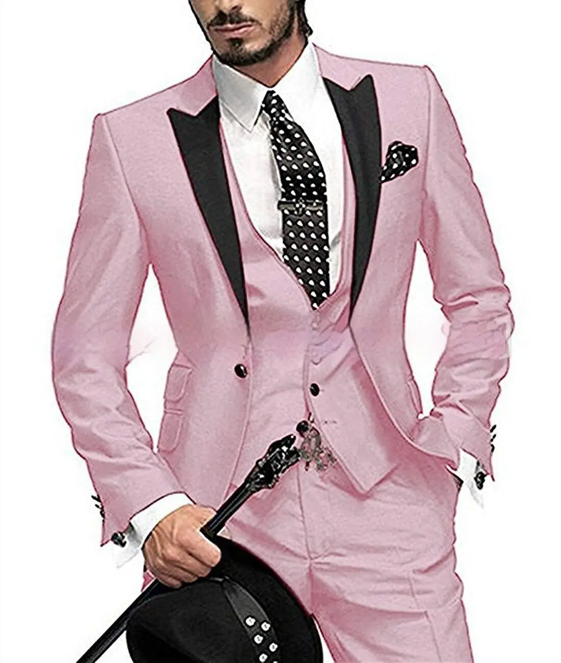 Chic Black Collar Blocked Three Piece Set for Modern Style 3 Man Wearing A Pink Suit With Black Lapels, A Polka Dot Tie, And Holding A Hat.