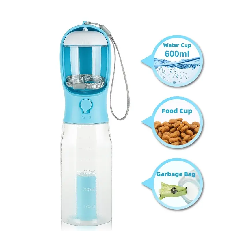 3-in-1 Leak-Proof Travel Bottle & Feeder for Pets 4 A Blue Pet Water Bottle With A Food Compartment And Garbage Bag Holder, Designed For Outdoor Use.