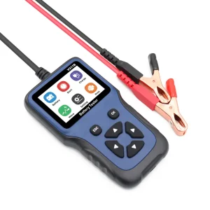 Battery tester device with a digital display and alligator clips for testing battery health and charge levels.