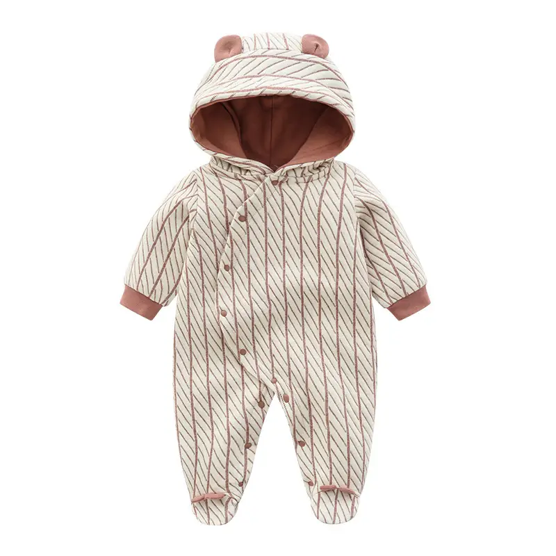 Cozy Long Sleeve Newborn Romper for Tiny Tots 5 Striped Baby Onesie Featuring A Hood With Bear Ears And Front Button Closure.