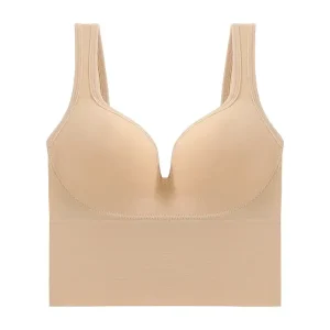 Beige wireless bra featuring a V-neck design and wide straps for support.