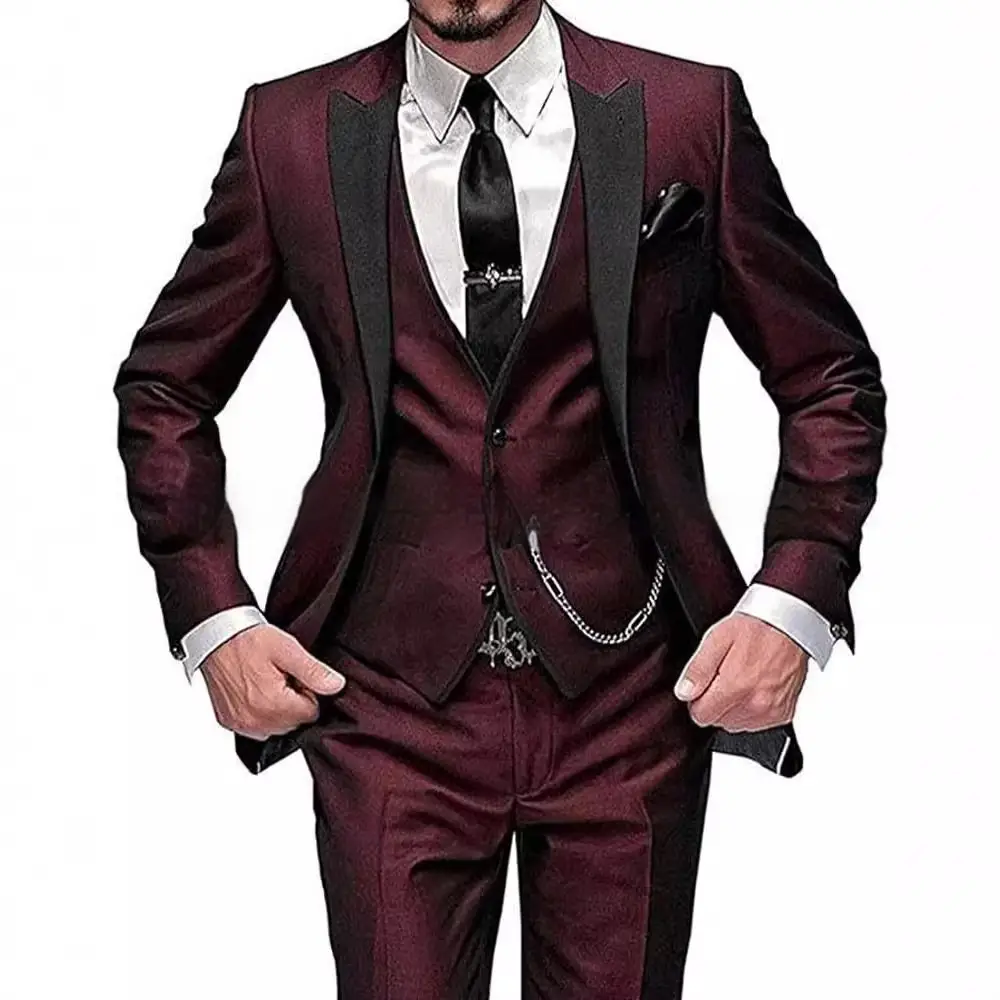 Chic Black Collar Blocked Three Piece Set for Modern Style 1 Man Wearing A Burgundy Suit With A Black Tie And Chain Detail On The Vest.