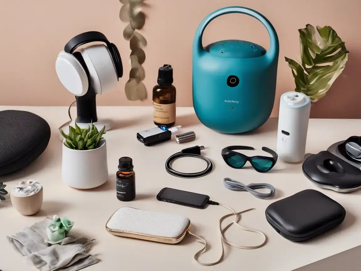Collection of personal care and technology items including headphones, a humidifier, and sunglasses on a flat surface.