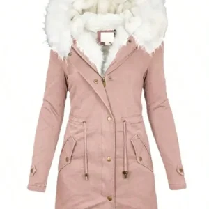 Pink parka jacket featuring a faux fur hood and drawstring waist.