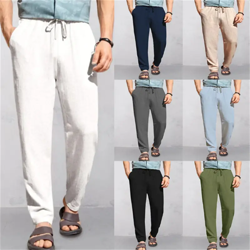 Men's Breathable Linen Outdoor Pants with Drawstring Comfort 1 Men'S Casual Drawstring Pants Displayed In Multiple Colors Including White, Navy, Beige, Gray, Light Blue, Black, And Green.