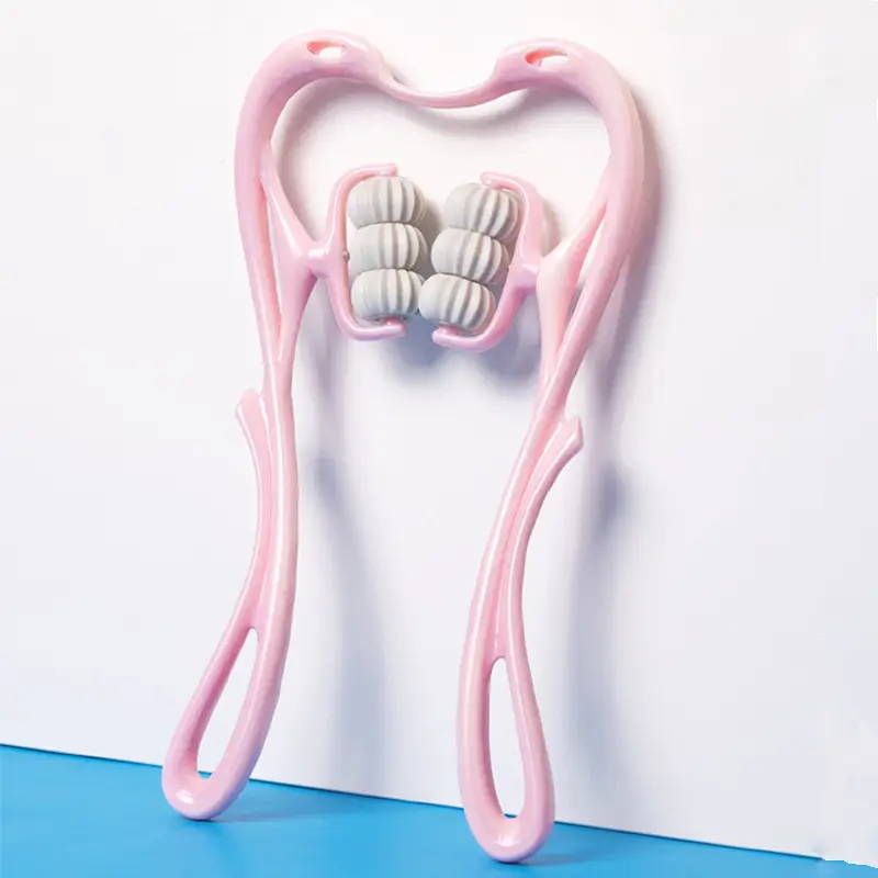 Six-Wheel Manual Neck Massager for Ultimate Pain Relief 9 Pink Massage Roller Tool With Gray Rollers Designed For Body Massage And Relaxation.