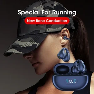 Wireless bone conduction earbuds displayed next to a woman wearing a camouflage cap, emphasizing their design and functionality.