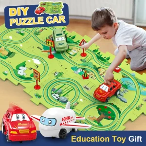 Child playing with toy cars on a colorful puzzle mat featuring a road and landscape design.