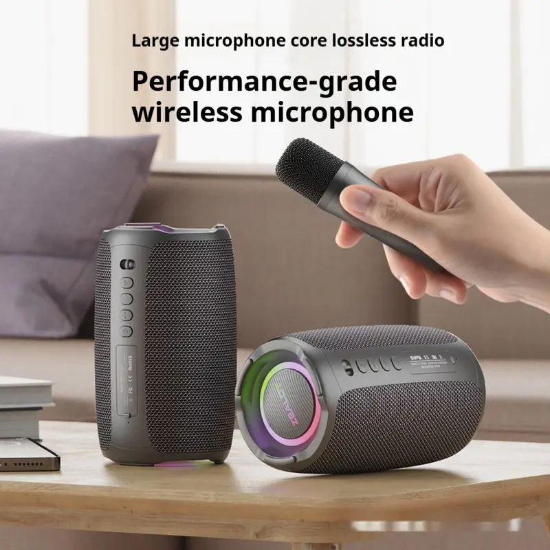 Ultimate Party Companion: Wireless Karaoke Speaker with Microphone - Sing Anytime, Anywhere 9 Wireless Microphone And Speaker Set With Colorful Led Lights And Control Buttons For Audio Playback.