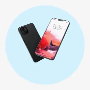 Black Smartphone Displaying A Colorful Screen With An Abstract Design And Time Shown At The Top.