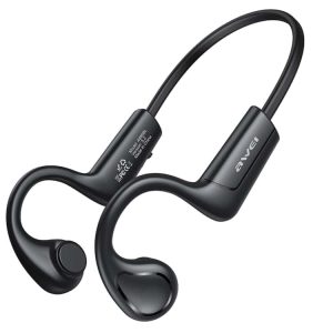 Black wireless earphones with an ergonomic design and built-in controls for audio playback.