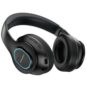 Wireless over-ear headphones with adjustable headband and control buttons on the side.