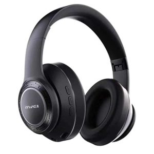 Black wireless headphones with a sleek design and control buttons on the side.
