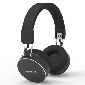 Black over-ear headphones with a padded headband and ear cups, featuring a sleek design.