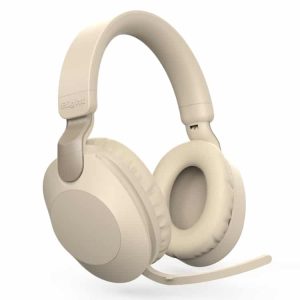 Beige over-ear headphones with a flexible microphone attached for communication and audio listening.