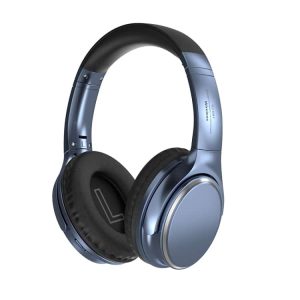 Wireless over-ear headphones in a sleek blue design with padded ear cups and adjustable headband.