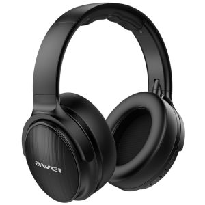 Black over-ear headphones with a sleek design and adjustable headband by Awei.