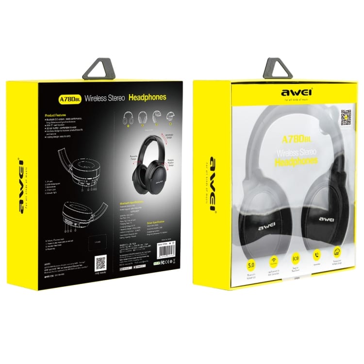 Awei A780BL Foldable Bluetooth 5.0 Headphones with Aux - Premium Sound Quality 7 Wireless Stereo Headphones In A Yellow Packaging With Detailed Product Features And Specifications On The Back.