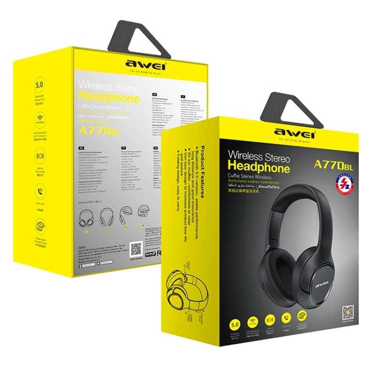 AWEI A770BL Bluetooth 5.0 Wireless Headset - Superior Stereo Sound & Connectivity 5 Wireless Stereo Headphones Awei A770Bl In Yellow Packaging With Product Details And Features Listed On The Back.