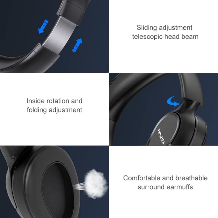 AWEI A770BL Bluetooth 5.0 Wireless Headset - Superior Stereo Sound & Connectivity 6 Black Wireless Headphones With Adjustable Headband And Comfortable Ear Cushions For Enhanced Listening Experience.