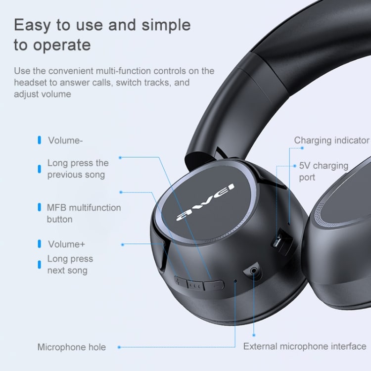 AWEI A770BL Bluetooth 5.0 Wireless Headset - Superior Stereo Sound & Connectivity 10 Wireless Headphones With Multi-Function Controls For Volume, Song Navigation, And Microphone Access.