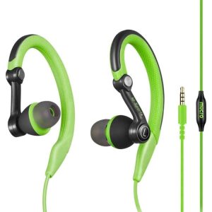 Green wired headphones with an ergonomic design and a 3.5mm audio jack for connectivity.