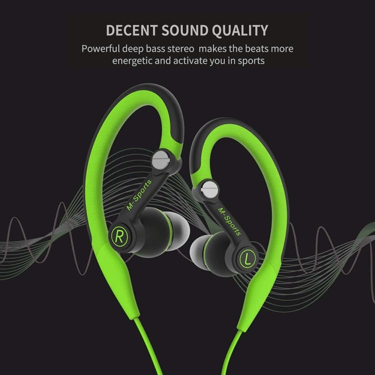 Mucro MB-232 Sport Earbuds: Perfect for Running and Gym Workouts 6 Green And Black Sports Earphones With A Focus On Deep Bass Stereo Sound Quality For Energetic Performance.