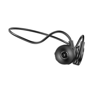 Black wireless earbud with a flexible neckband and a single earbud design.