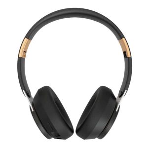 Black wireless headphones with gold accents, featuring over-ear design and adjustable headband.