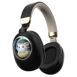 Black over-ear headphones with a cartoon cat design on the ear cup and a gold accent on the headband.
