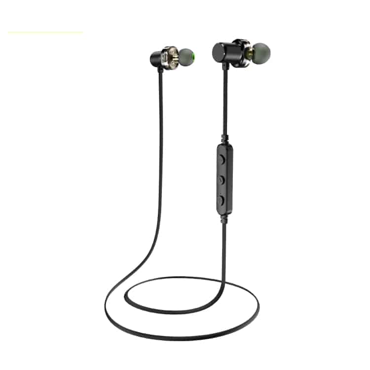 Awei X680BL Wireless Sports Bluetooth Headset - Superior Active Sound Quality 2 Wireless In-Ear Headphones With A Black Cable And Green Ear Tips, Featuring An In-Line Remote Control.