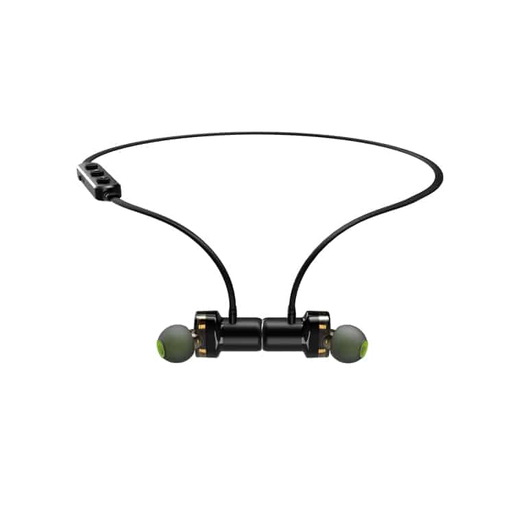 Awei X680BL Wireless Sports Bluetooth Headset - Superior Active Sound Quality 3 Wireless In-Ear Headphones With A Black Neckband And Green Accents, Designed For Audio Listening.