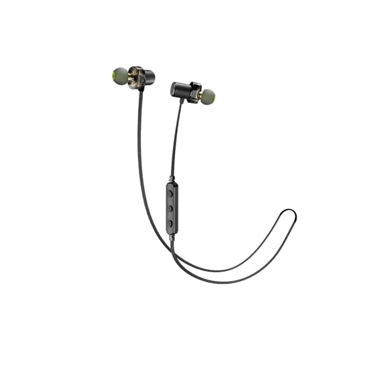 Awei X680BL Wireless Sports Bluetooth Headset - Superior Active Sound Quality 4 Wireless In-Ear Headphones With A Black Design And Green Ear Tips, Featuring A Control Module On The Cable.