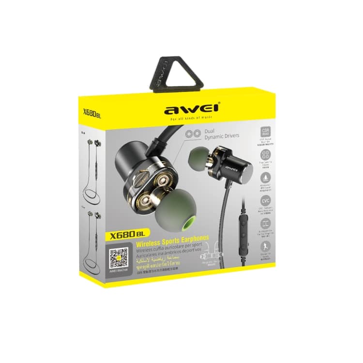 Awei X680BL Wireless Sports Bluetooth Headset - Superior Active Sound Quality 6 Awei X680Bl Wireless Sports Earphones With Dual Dynamic Drivers In Packaging, Featuring A Green Earbud Design.