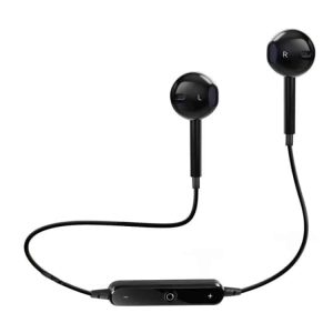 Black wired earphones with a microphone and control button, featuring left and right indicators.