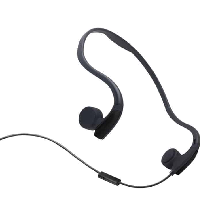 Wire-Controlled Bone Conduction Headphones for Active Outdoor Use 2 Wireless Black Earbuds With A Flexible Neckband And In-Line Microphone For Hands-Free Calls.